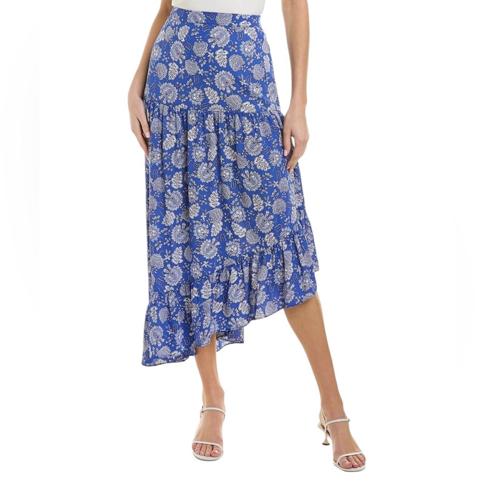 Vince Camuto Blue with White Floral Asymmetrical Ruffle Hem Skirt 1X